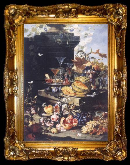 framed  Christian Berentz Flowers of fruits and tray with chalkboard glasses out of blown glass, ta009-2